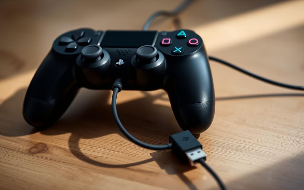 PS4 controller connected via USB cable